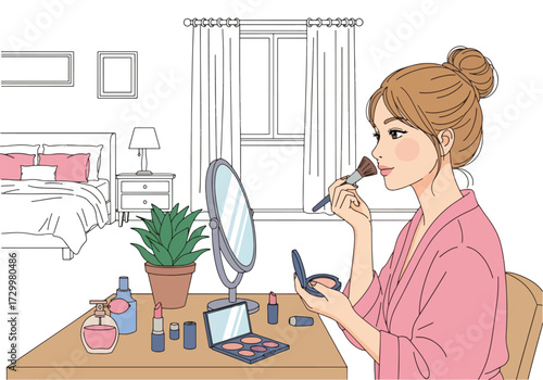 Illustration of a young woman applying makeup at her vanity in a cozy bedroom, symbolizing beauty routine, skincare, cosmetics, and self-care lifestyle