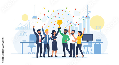 Flat style vector illustration of a business team celebrating success with a trophy, symbolizing achievement, teamwork, leadership, corporate growth, and motivation in the workplace