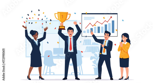 Flat style vector illustration of a business team celebrating success with a trophy, symbolizing achievement, teamwork, leadership, corporate growth, and motivation in the workplace