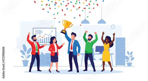 Flat style vector illustration of a business team celebrating success with a trophy, symbolizing achievement, teamwork, leadership, corporate growth, and motivation in the workplace