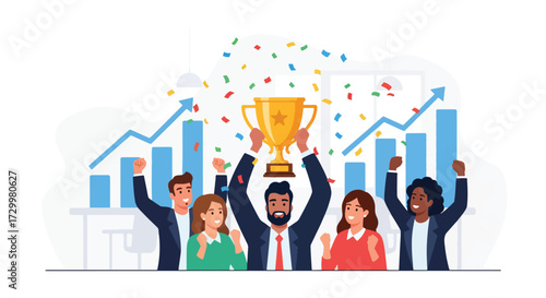 Flat style vector illustration of a business team celebrating success with a trophy, symbolizing achievement, teamwork, leadership, corporate growth, and motivation in the workplace