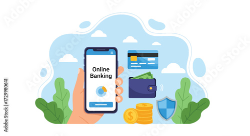 Flat style vector illustration of online banking with smartphone, credit cards, wallet, coins, and bills, representing digital finance, mobile payments, security, and modern financial technology