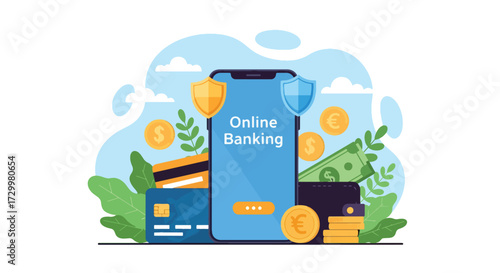 Flat style vector illustration of online banking with smartphone, credit cards, wallet, coins, and bills, representing digital finance, mobile payments, security, and modern financial technology