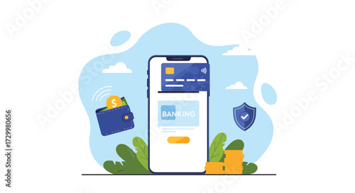 Flat style vector illustration of online banking with smartphone, credit cards, wallet, coins, and bills, representing digital finance, mobile payments, security, and modern financial technology