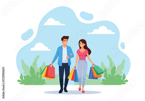 Flat style vector illustration of a happy couple shopping together, holding colorful bags in front of stores, symbolizing retail, consumer lifestyle, leisure, spending, and modern urban commerce
