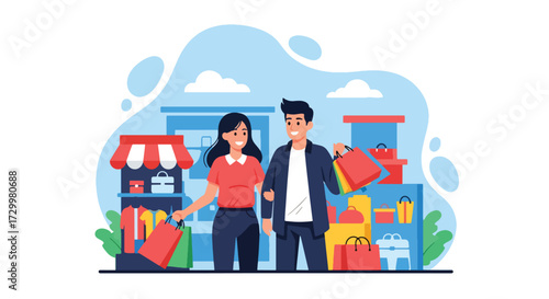 Flat style vector illustration of a happy couple shopping together, holding colorful bags in front of stores, symbolizing retail, consumer lifestyle, leisure, spending, and modern urban commerce