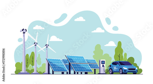 Flat style vector illustration of an electric car charging at a station powered by solar panels and wind turbines, symbolizing renewable energy, sustainability, and eco-friendly transportation
