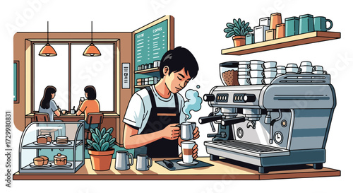 Flat style vector illustration of a barista preparing coffee in a café with customers enjoying drinks, symbolizing coffee culture, hospitality, relaxation, and modern lifestyle