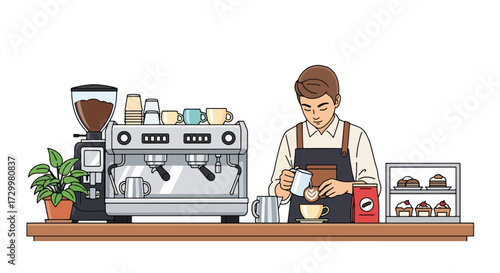 Flat style vector illustration of a barista preparing coffee in a café with customers enjoying drinks, symbolizing coffee culture, hospitality, relaxation, and modern lifestyle