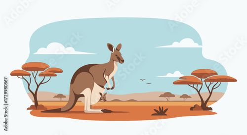 A kangaroo stands in a dry landscape with sparse trees under a blue sky with clouds.
