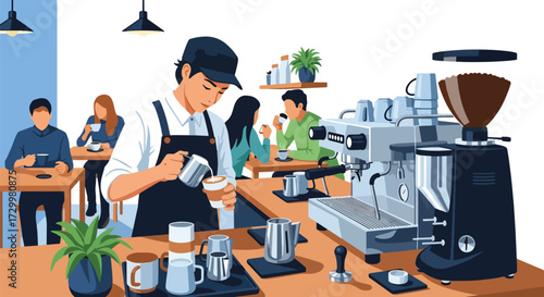 Flat style vector illustration of a barista preparing coffee in a café with customers enjoying drinks, symbolizing coffee culture, hospitality, relaxation, and modern lifestyle