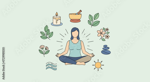 A woman meditating with wellness symbols surrounding her in a circle.