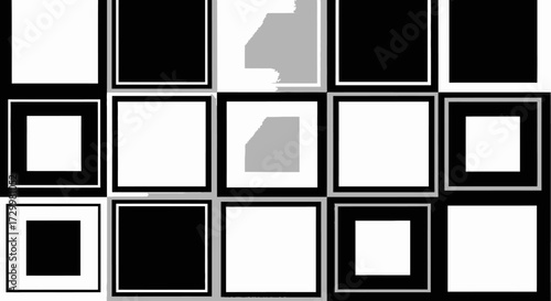 Abstract arrangement of black and white squares with gray shapes, creating a geometric pattern.