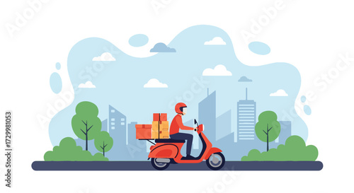 Flat style vector illustration of a delivery person riding a scooter with packages through the city, symbolizing fast shipping, logistics, e-commerce, and modern urban delivery services