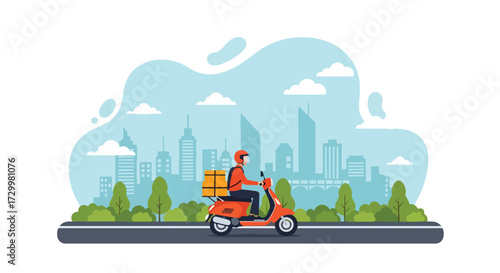 Flat style vector illustration of a delivery person riding a scooter with packages through the city, symbolizing fast shipping, logistics, e-commerce, and modern urban delivery services