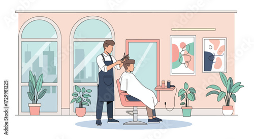 Flat style vector illustration of a hairstylist cutting a client’s hair in a modern salon, symbolizing beauty, self-care, fashion, and professional grooming services