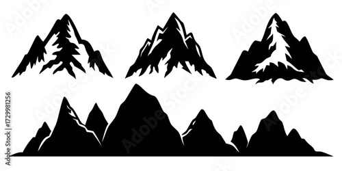 Vector Silhouette Set of Mountain Ranges Rocky Peaks Hills and Layered Landscapes