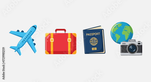 Flat style vector illustration icon of travel essentials including airplane, suitcase, passport, globe, and camera, symbolizing tourism, adventure, vacation planning