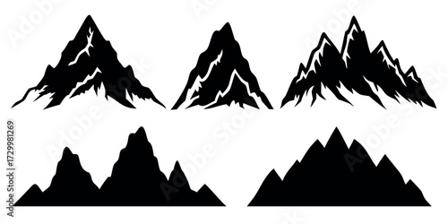 Vector Silhouette Set of Mountain Ranges Rocky Peaks Hills and Layered Landscapes