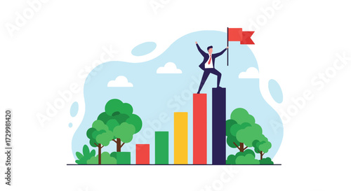 Flat style vector illustration of a businessman standing on top of a growth chart holding a success flag, symbolizing achievement, leadership, ambition, progress, and reaching business or career goals
