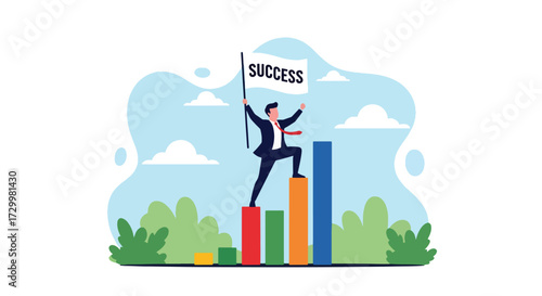 Flat style vector illustration of a businessman standing on top of a growth chart holding a success flag, symbolizing achievement, leadership, ambition, progress, and reaching business or career goals