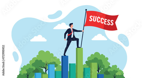 Flat style vector illustration of a businessman standing on top of a growth chart holding a success flag, symbolizing achievement, leadership, ambition, progress, and reaching business or career goals