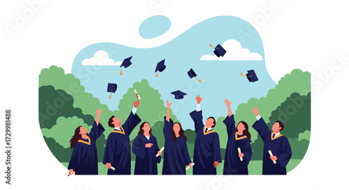 Flat style vector illustration of happy graduates throwing caps in the air in front of a college building, symbolizing achievement, success, education, and hope for a bright future