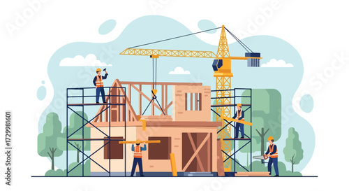 Flat style vector illustration of construction workers building a house with scaffolding and crane, symbolizing teamwork, growth, development, and creating a strong foundation for the future