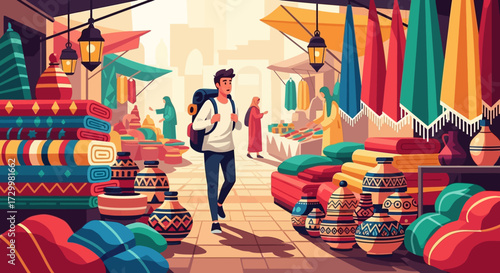 A young traveler explores a vibrant, colorful marketplace filled with goods.