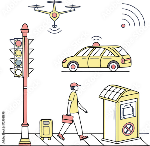 Modern city transportation and technology elements with drone, autonomous car, smart traffic signal, and pedestrian hub