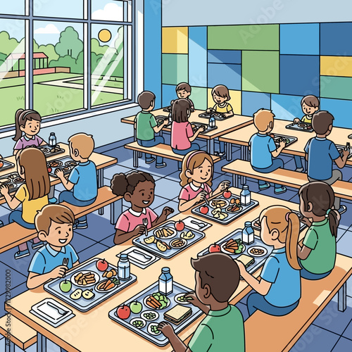 Children eating lunch in a school cafeteria, sitting at tables with trays of food.
