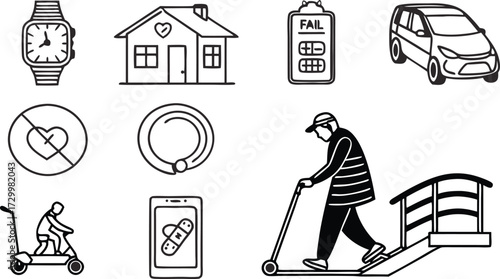 Modern lifestyle icons depicting urban mobility, home, technology, health, and personal success, perfect for contemporary design projects and presentations.