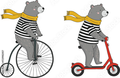 Funny cartoon bear riding bicycle and scooter, cute animal illustration with striped shirt and yellow scarf for kids