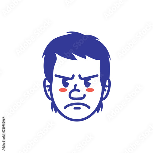 Cartoon illustration of male face emoji with frowning expression and blush cheeks. Simple bold vector style, perfect for sticker, mascot, emoji set, and social media design. EPS file.