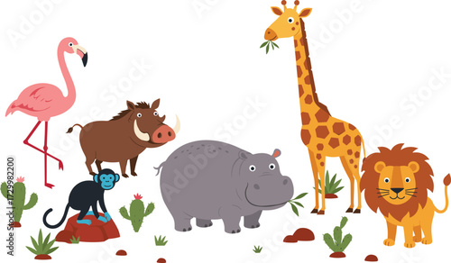 Cartoon African safari animals illustration, lion giraffe hippo monkey flamingo warthog vector, jungle wildlife drawing for kids education