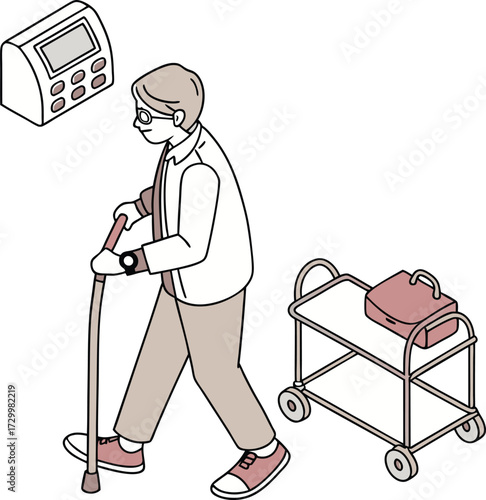 Elderly patient with cane walks past medical equipment, symbolizing healthcare and aging gracefully with modern technology support