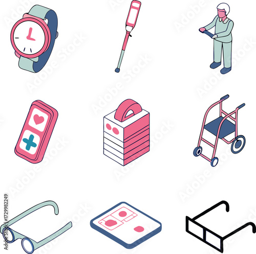 Modern healthcare icons depict senior assistive devices, medical technology, and personal care essentials for wellness and independence.