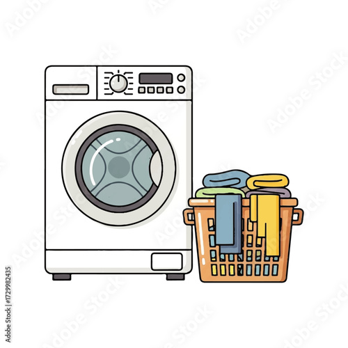 Clean laundry piled in a basket next to a modern washing machine, illustrating home appliance functionality and laundry day chores