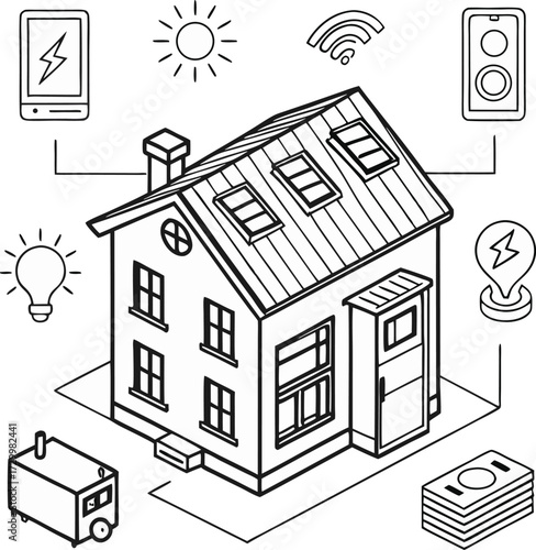 Innovative smart home concept featuring solar energy, automation, and efficient power management for modern living and sustainability.