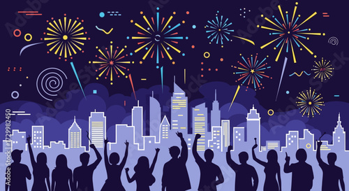 Silhouetted crowd celebrates with arms raised, watching colorful fireworks over a city skyline at night.