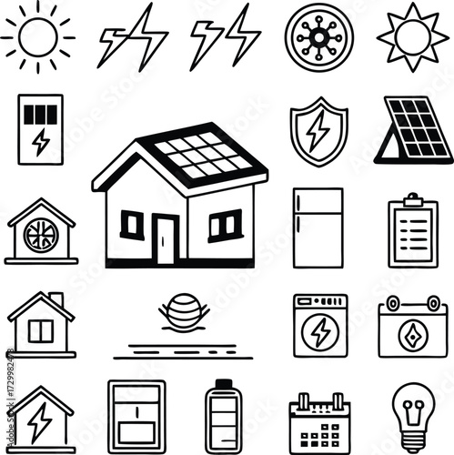 Modern renewable energy icons depict solar power, batteries, and eco friendly homes for sustainable technology concepts.