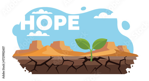Flat style vector illustration of a green sprout growing through cracked desert soil with the word hope, symbolizing resilience, renewal, perseverance, and the possibility of growth in harsh condition
