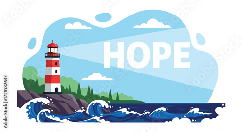 Flat style vector illustration of a lighthouse shining bright with the word hope, symbolizing guidance, safety, direction, resilience, and optimism in navigating through challenges