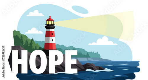 Flat style vector illustration of a lighthouse shining bright with the word hope, symbolizing guidance, safety, direction, resilience, and optimism in navigating through challenges