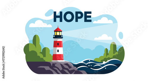 Flat style vector illustration of a lighthouse shining bright with the word hope, symbolizing guidance, safety, direction, resilience, and optimism in navigating through challenges
