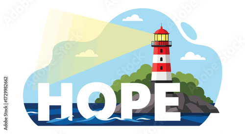Flat style vector illustration of a lighthouse shining bright with the word hope, symbolizing guidance, safety, direction, resilience, and optimism in navigating through challenges