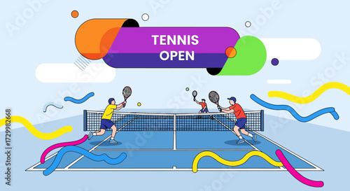 Illustration depicting a tennis match with players, net, and colorful design elements.