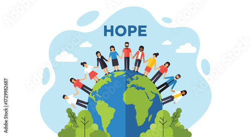 Flat style vector illustration of diverse people holding hands around the Earth with the word hope, symbolizing unity, peace, global cooperation, and a brighter future for humanity