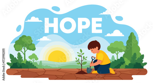 Flat style vector illustration of a child planting a tree at sunrise with the word hope, symbolizing growth, sustainability, renewal, and building a brighter and greener future