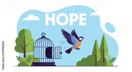 Flat style vector illustration of a bird flying free from an open cage with the word hope, symbolizing freedom, resilience, optimism, and breaking free from limitations toward a brighter future